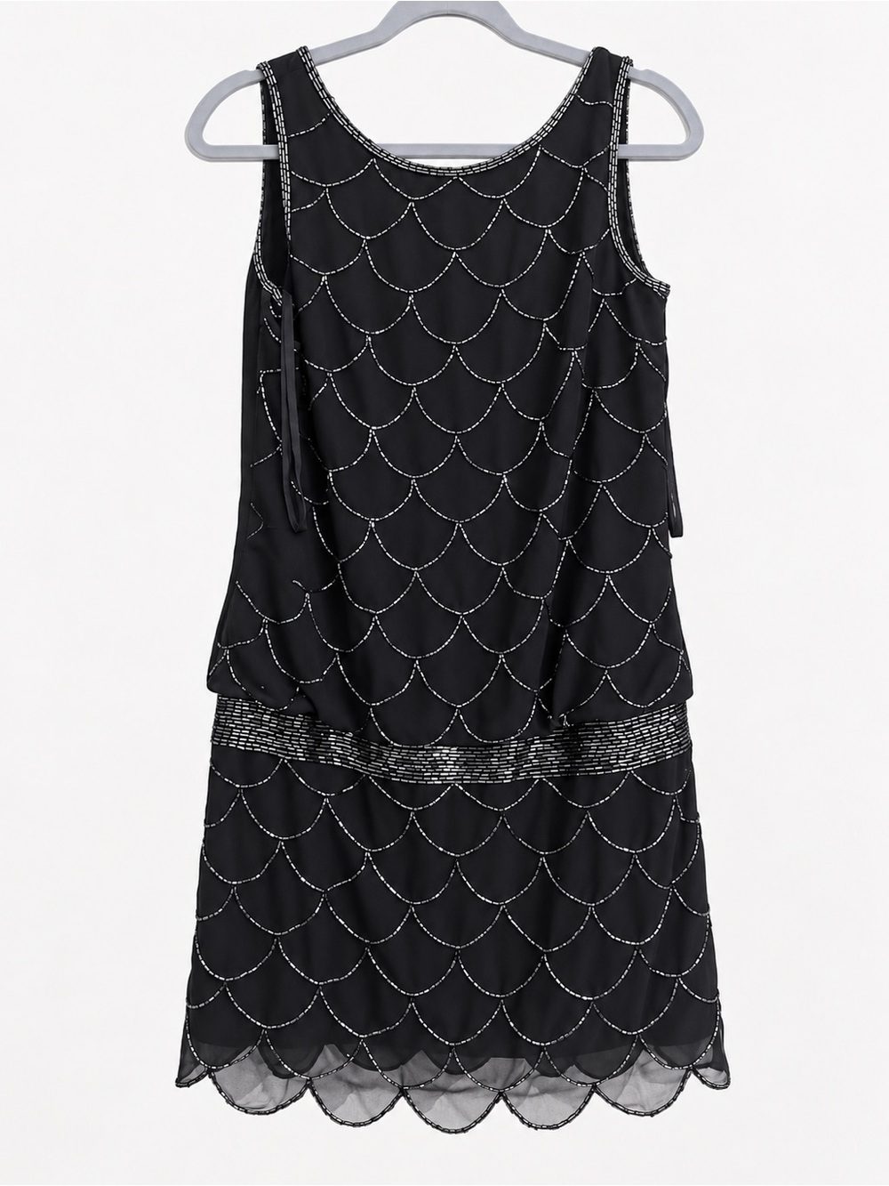 Adrianna Papell Black Beaded Art Deco Flapper Cocktail Dress Size 6 Sleeveless